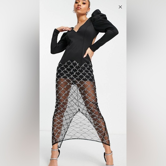 BNWT ASOS Design Puff Sleeve Rhinestone Embellished Skirt Maxi Dress ! Size 12! - Picture 3 of 4